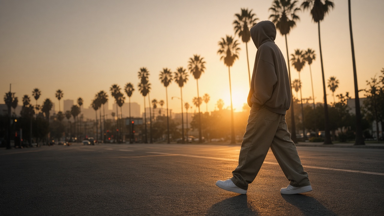 Walking in sneakers on a California street at sunset